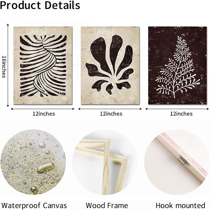 AoArtWZ 3 Pieces Botanical Plant Canvas Wall Art Boho Leaves Beige and Black Painting Minimalist Artwork for Kitchen Spa Yoga Room Decor Framed 12" x 16" x 3pcs