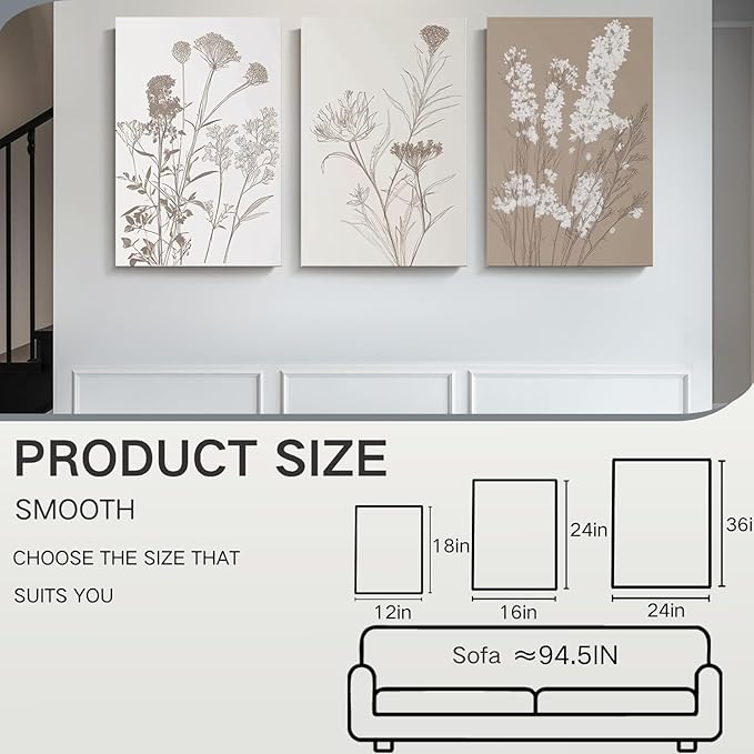 Wivsev Floral Wall Art,Wildflower Canvas Wall Art,Boho Art Wall Decor for Bedroom,Livingroom,Bathroom (16" x 24" x 3 pcs)