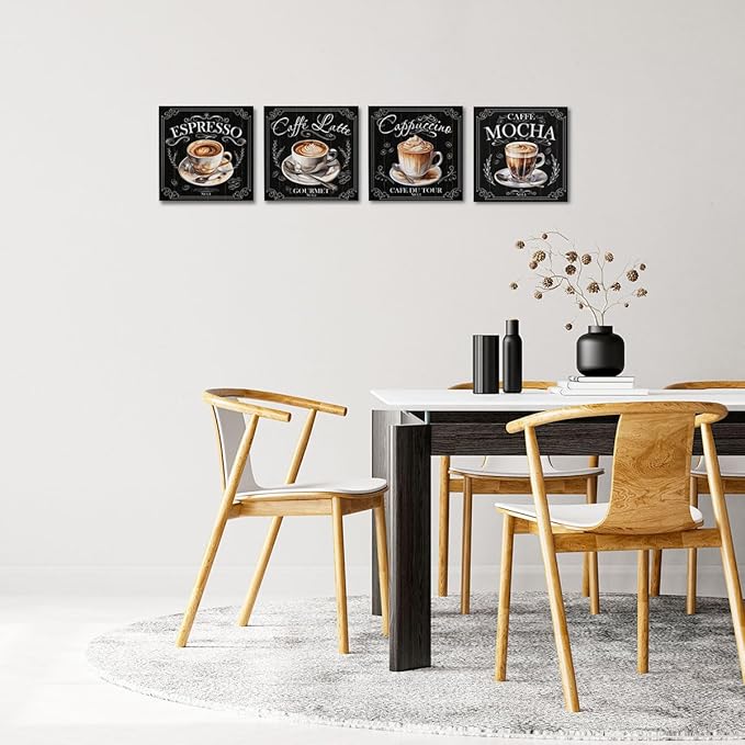 4 PCs Coffee Wall Decor Canvas Wall Art Framed Art Coffee Bar Decor Posters, Gifts for Coffee Lovers, Coffee Bar Sign, Artwork for Walls Coffee Station Dining Room Kitchen Home Office Decor