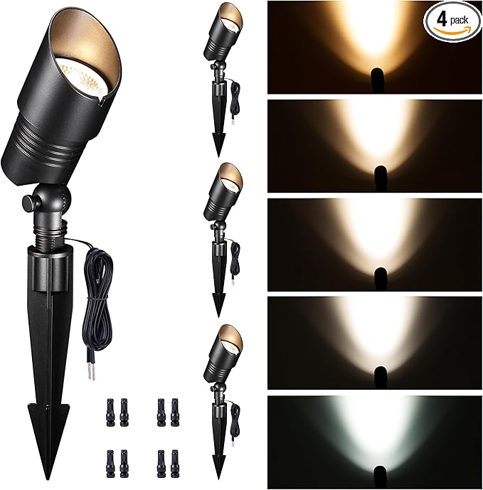Landscape Spotlights Low Voltage - 2700K/3000K/3500K/4000K/5000K Selectable Uplights, 12V Wired LED Spot Lights Outdoor Waterproof, Aluminum Black for Outside Trees Wall 4 Pack