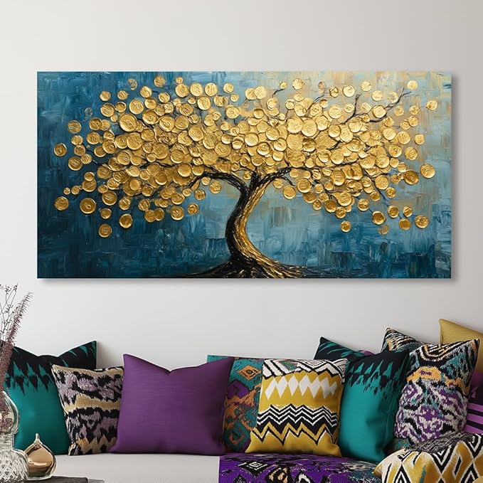 Modern Art Golden Lucky Tree Money Tree Canvas Wall Art Gold Tree of Life Painting Canvas Art Good Luck Money And Wealth Picture Stunning Poster Decorative for Home, Office & Hotel Lobbies, Ready to Hang (16x32 Inches)
