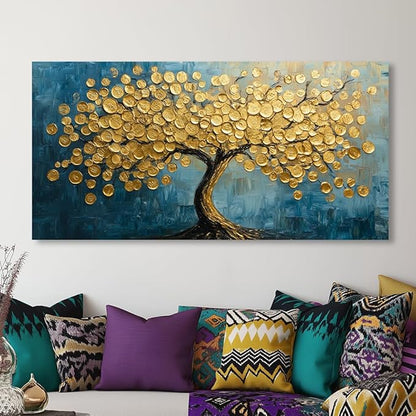Modern Art Golden Lucky Tree Money Tree Canvas Wall Art Gold Tree of Life Painting Canvas Art Good Luck Money And Wealth Picture Stunning Poster Decorative for Home, Office & Hotel Lobbies, Ready to Hang (16x32 Inches)