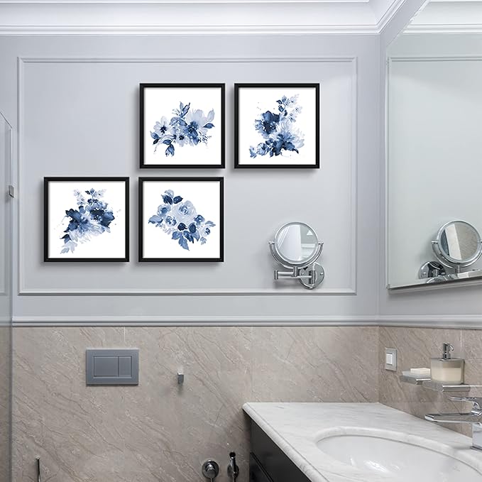 ArtbyHannah Framed Bathroom Wall Decor, Navy Blue Wall Art with Black Frame and Watercolor Floral Prints Pictures for Kitchen Bedroom Home Decorations (4 Pack, 10x10 Inch)