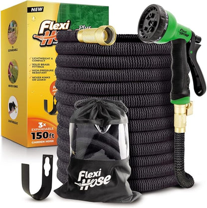 Flexi Hose Plus Expandable Garden Hose with 8 Function Nozzle, 150FT - Lightweight Retractable Garden Hose, Water Hose - No-Kink Flexibility, 3/4 Inch Solid Brass Fittings Includes Hook & Bag