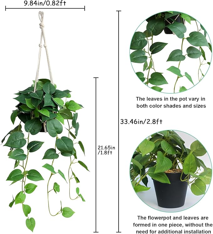 alyptus Fake Hanging Pothos – Realistic Pothos Plant for Indoor & Outdoor Decor, Lush Faux Hanging Plants with Vines for Shelves, Counters, Home & Office Greenery - Green