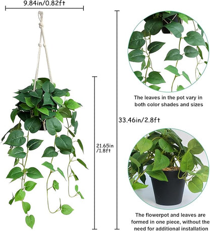 alyptus Fake Hanging Pothos – Realistic Pothos Plant for Indoor & Outdoor Decor, Lush Faux Hanging Plants with Vines for Shelves, Counters, Home & Office Greenery - Green