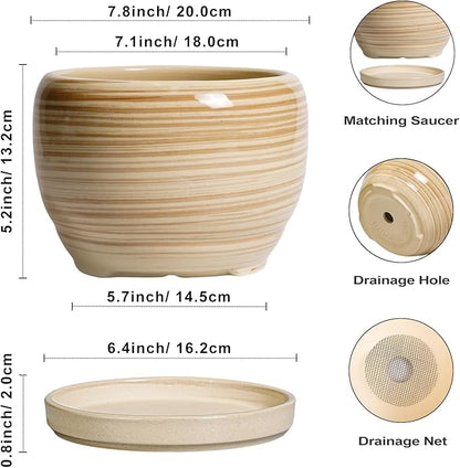 SQOWL Ceramic Planter- 8 Inch Plant Pot Indoor Outdoor, Round Planter with Drainage Hole and Plant Saucer, Decorative Modern Ceramic Flower Pot, Living Room Decor, Garden Gifts, Yellow