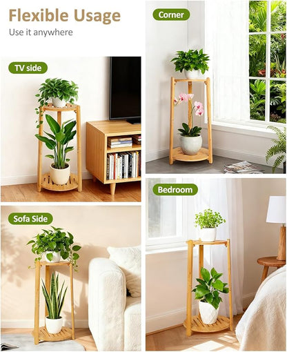Bamboo Plant Stand Indoor,2 Tier Round Plant Shelf for Large Plants,Corner Flower Pot Stand,23.6'' Tall Plant Holder for Living Room Balcony Bedroom,Natural