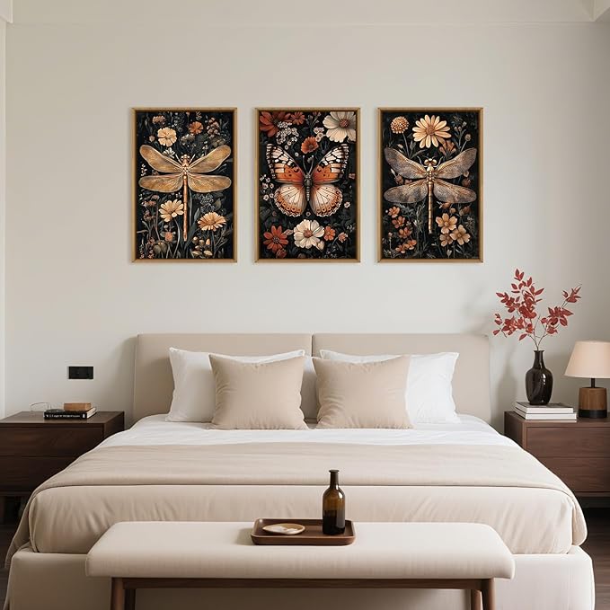 Large Vintage Butterfly and Dragonfly Wall Decor Framed Canvas Wall Art,Retro Dark Animal Floral Wall Decor, Moody Insect Wildflowers Botanical Artwork for Living Room,Bedroom,office-16 x24 x3