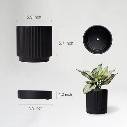 6 Inch Ceramic Plant Pot with Drainage & Saucer - Indoor Planter for Succulents, Cacti & Aloe Vera - Striped Design, High-Temp Fired Clay, Lightweight Modern Decor