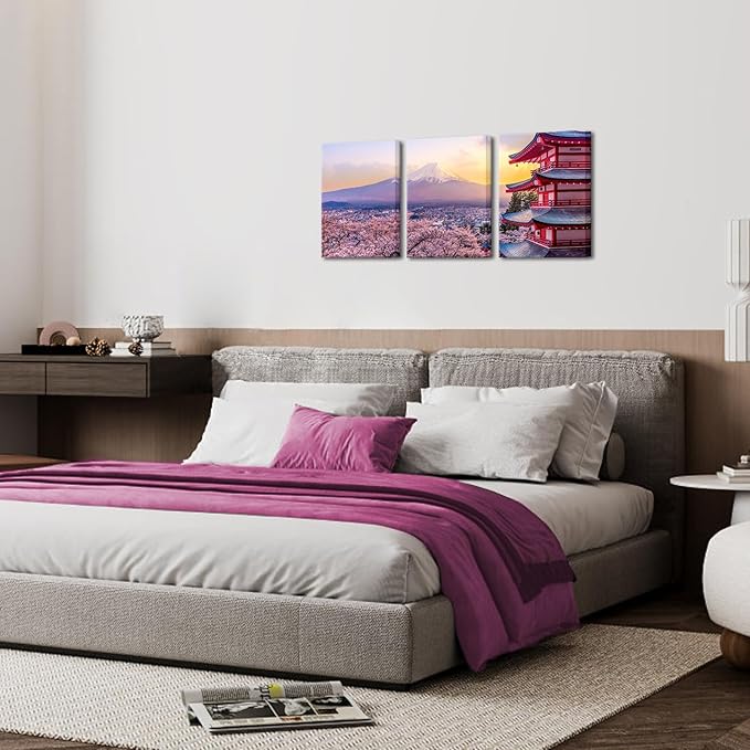 AoArtWZ Mount Fuji Canvas Wall Art Kyoto Cherry Blossom Japanese Landscape Pictures Print Artwork for Home Office Living Room Decor Framed 12" x 16" x 3Pcs