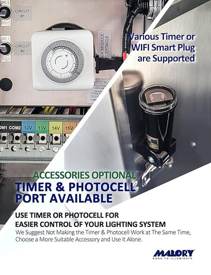 MALORY 600W Low Voltage Transformer with Timer & Photocell for Landscape Lighting,120V AC to 12/13/14/15/16/17/18/22V Multi-Tap Power Supply for Outdoor Landscape Lights,Yard Lights,Garden Lights