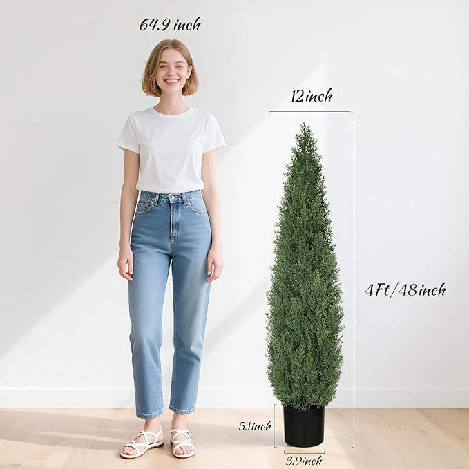 Artificial Cedar Trees for Outdoor 4 FT, 2 Set Outdoor Faux Cedar Bushes Topiary UV Protection and Lush Fake Cypress Shrubs for Front Door Porch Patio Garden Balcony Fence Outside Decoration