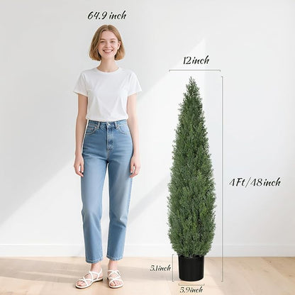 Artificial Cedar Trees for Outdoor 4 FT, 2 Set Outdoor Faux Cedar Bushes Topiary UV Protection and Lush Fake Cypress Shrubs for Front Door Porch Patio Garden Balcony Fence Outside Decoration