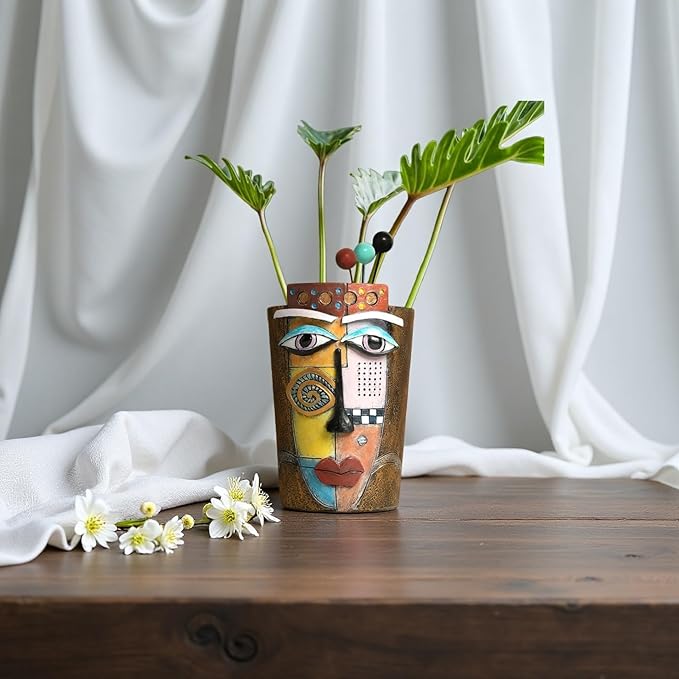 Picasso Abstract Face Flower Pot,Plant Pot with Facial Expressions,Handmade Resin Plant Pot with Drainage Holes,for Indoor and Outdoor Botanical Home décor (Brown Small)