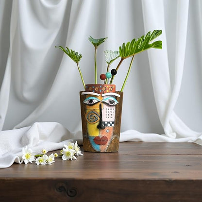 Picasso Abstract Face Flower Pot,Plant Pot with Facial Expressions,Handmade Resin Plant Pot with Drainage Holes,for Indoor and Outdoor Botanical Home décor (Brown Small)