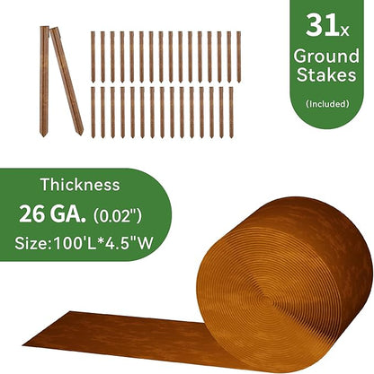 Worth Galvanized Steel Landscape Edging 4.5" x100' Metal Garden Edging Roll Flexible Bender Border with 31Pcs Stakes for Lawn, Flower Bed Edges, Rust-Colored Painted