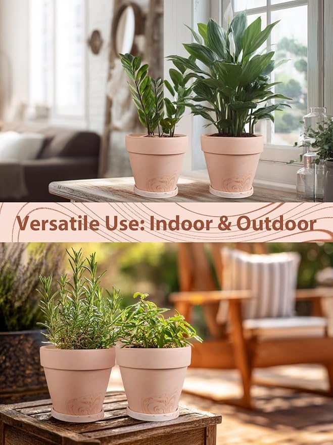 INGOFIN Terracotta Plant Pots 8 Inch Set of 2, Red White Clay Flower Pots with Drainage Holes & Tray Saucers, Breathable Garden Planters for Indoor Outdoor, Succulent, Cactus, Herbs