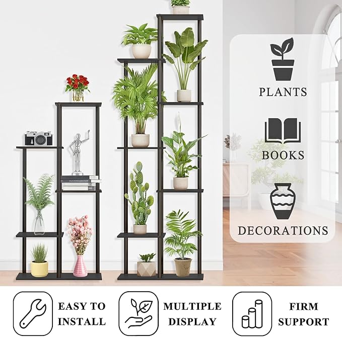 Plant Stand Indoor 7 Tier 8 Potted Metal Wood Plant Shelf, Multiple Flower Pots Corner Tall Plant Holder Stands for Living Room Balcony Bedroom, Black