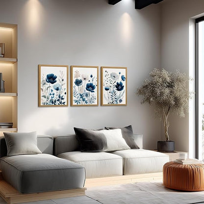 LLEEMPI Navy Blue Floral Wall Art Set of 3, Modern Wildflower Wall Decor, Watercolor Botanical Canvas Paintings, Classic Minimalist Poster Prints for Bedroom Bathroom Office Wood Framed 12x16 Inch