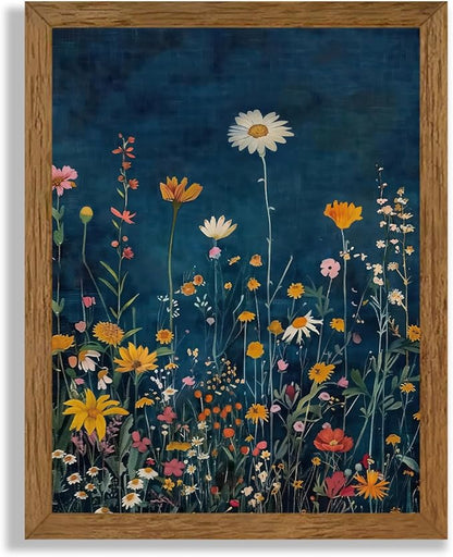 Wojuin Framed Dark Blue Botanical Floral Canvas Wall Art, Rustic Colorful Wildflower Artwork Wall Decor, Vibrant Vintage Flower Painting Prints for Living Room Bedroom Bathroom Office 8x10 in