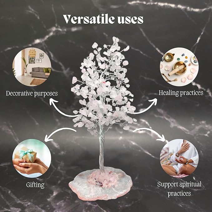 Rose Quartz Crystal Tree with Bracelet for Home Decor, Healing, Spiritual Gifting, Room Decor, New Year & Good Luck Gifting | Made from Genuine Crystal Stones (9 x 3 Inches)