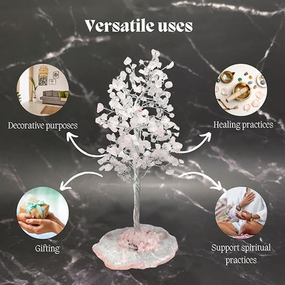 Rose Quartz Crystal Tree with Bracelet for Home Decor, Healing, Spiritual Gifting, Room Decor, New Year & Good Luck Gifting | Made from Genuine Crystal Stones (9 x 3 Inches)