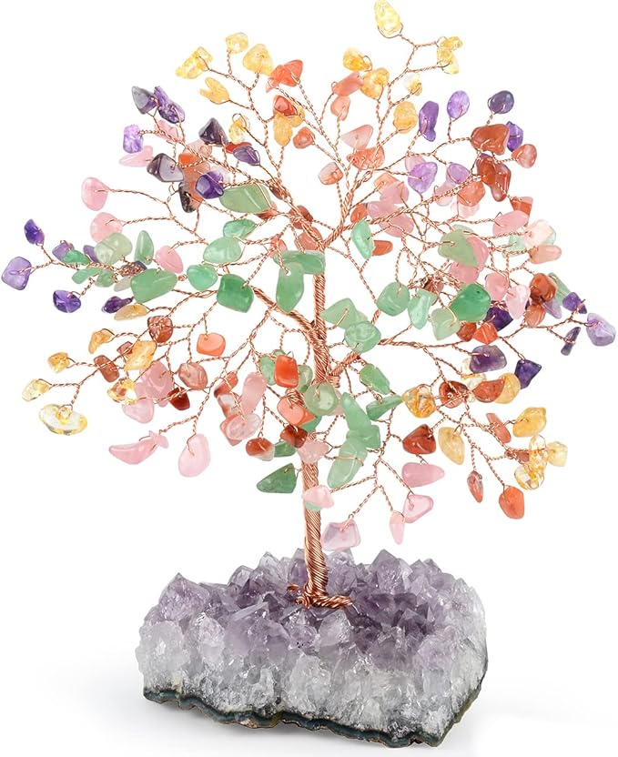 Gemstone Crystal Treeof Life,Chakra Tree Multi Stone Amethyst Cluster Base,Feng Shui Home Decor Bonsai Money Tree,Positive Energy Healing Crystals,Spriture Gift,Size 5.5"-6.3"