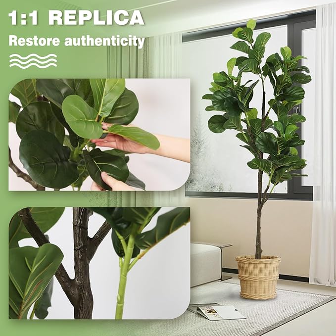 6.23ft Ficus Artificial Fiddle Leaf Tree, Lifelike Faux Lyrata Trees, Green Lush Fake Fig Tree Floor Tall Plants for Office Home Living Room Indoor Outdoor Modern Decor, Perfect Housewarming Gift