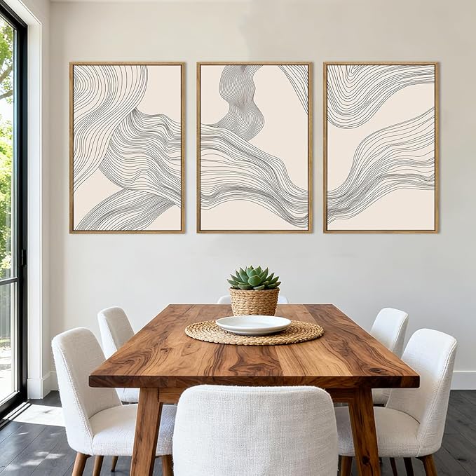 Neutral Abstract Wall Art Framed Modern Beige Wave Wall Decor for Bathroom Living Room Bedroom 16x24 Inch Set of 3