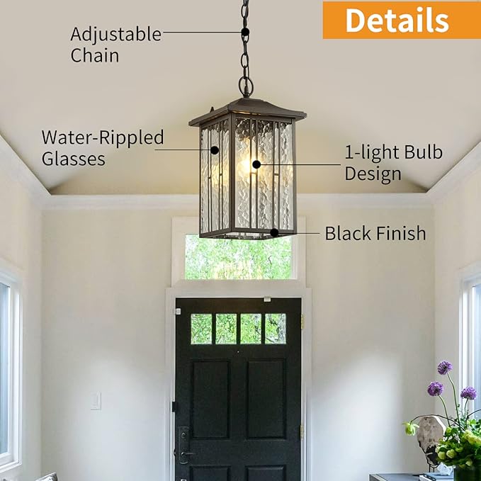 Outdoor Pendant Light, Black Exterior Hanging Lights, LED Outdoor Chandelier, Modern Hanging Lantern for Porch, Ceiling Entry Porch Patio Matte Black with Water-Rippled Glasses