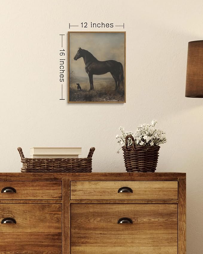 ZZLWBKGL Vintage Horse Framed Wall Art Farmhouse Animal Canvas Wall Art Horse Dog Pictures Wall Decor Rustic Art Prints for Living Room Bedroom Study