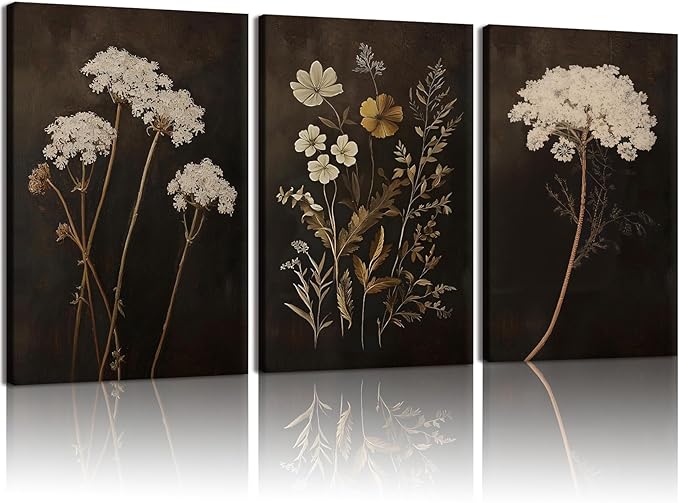 Kdyudo Vintage Floral Canvas Wall Art Atmospheric Wildflower Decorative Paintings Black Floral Plant Print Mural Farmhouse Country Style Posters Suitable For Gallery, Bedroom, Office 12 X 16 Inches Framed