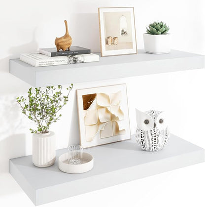 Heimlove 12" Deep Floating Shelves, 36 x 12 Inch Wall Mounted Long Floating Shelf with Invisible Brackets, for Home Decor, Bedroom, Kitchen, Living Room, Bathroom - 2 Pack, White