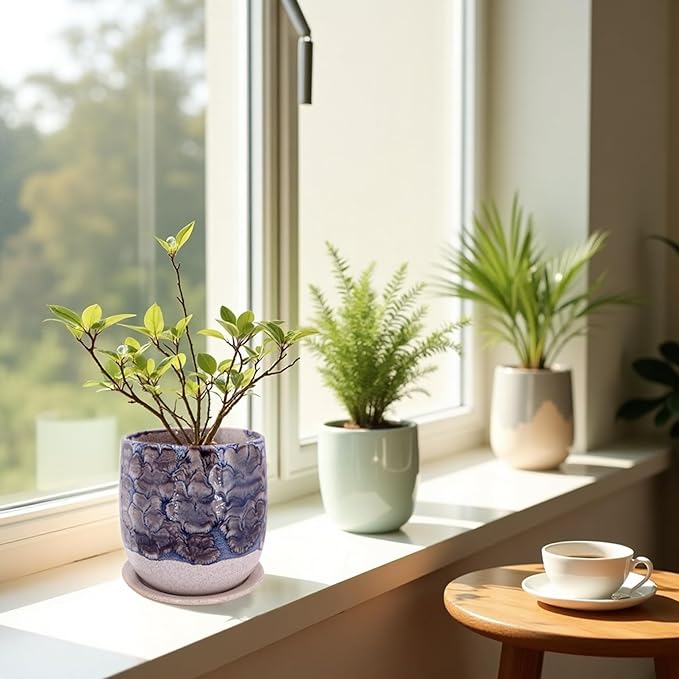 6 in Ceramic Plant Pot with Saucer，Indoor Plant Pot for Plants, Flower Pot with Drainage，Reactive Glaze Grey
