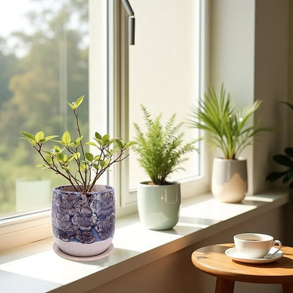 6 in Ceramic Plant Pot with Saucer，Indoor Plant Pot for Plants, Flower Pot with Drainage，Reactive Glaze Grey