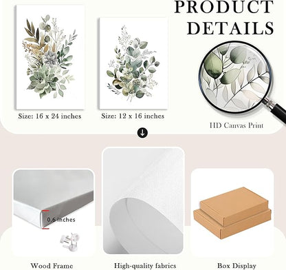 FYLDPSB 3 PCS Unframed Watercolor Floral Canvas Wall Art, Boho Sage Green Wildflower Wall Decor, Modern Flowers and plants Painting Print for Bedroom Living Room Bathroom Decorations 12''L x 16''W