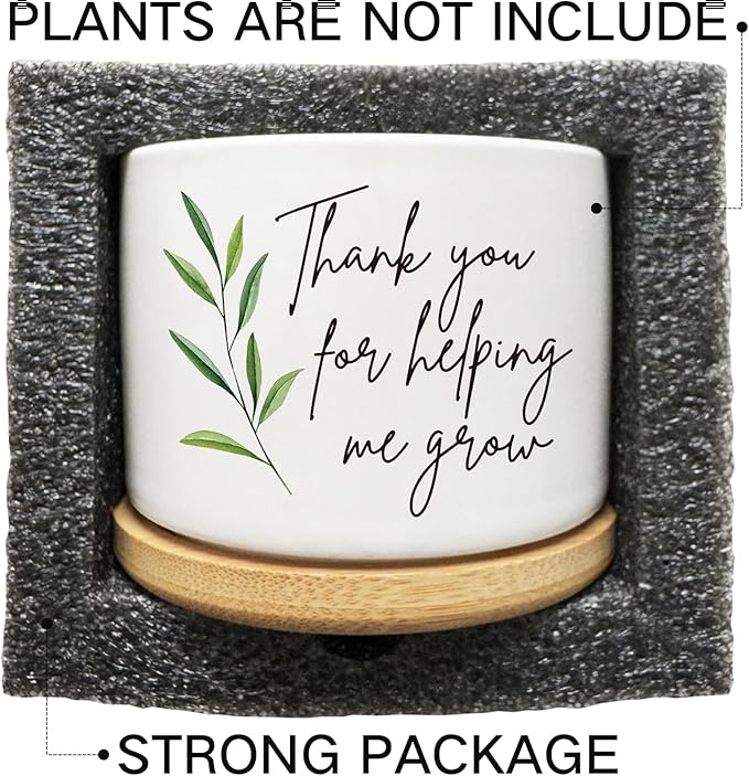 Thank You for Helping Me Grow Succulent Cactus Planter Pots with Bamboo Tray, Office Kitchen Home Windowsill Indoor Tabletop Decor, Gift for Friends Mom Teachers Plant Lovers