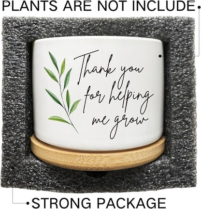 Thank You for Helping Me Grow Succulent Cactus Planter Pots with Bamboo Tray, Office Kitchen Home Windowsill Indoor Tabletop Decor, Gift for Friends Mom Teachers Plant Lovers