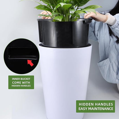 Dexceder 16x12 Tall Self Watering Planter High Cylinder Indoor Outdoor, Thickened Large Floor Standing Flower Plant Pot with Water Level Indicator (White Matte)