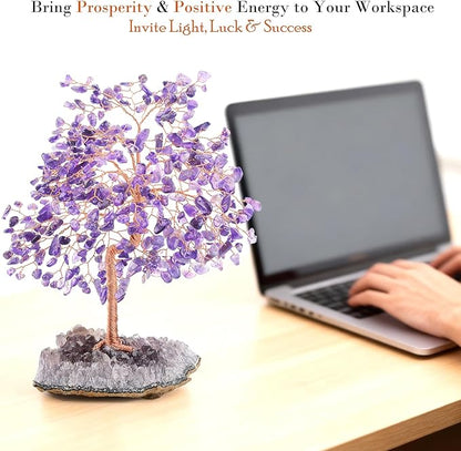 Natural Gemstone(406 Stone Count) Amethyst Crystal Tree of Life,Chakra Balancing Positive Enegy Fengshui Decor Bonsai Money Tree,Good Luck Spiritual Gift Height 8.5-9 Inches