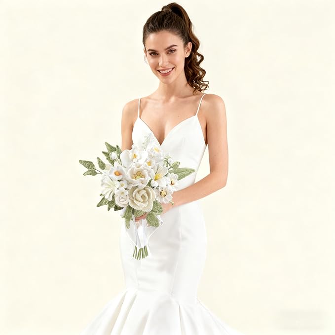White Crochet Flowers Bridal Wedding Bride Bouquet Handmade Knitted Artificial Flowers Home Decor