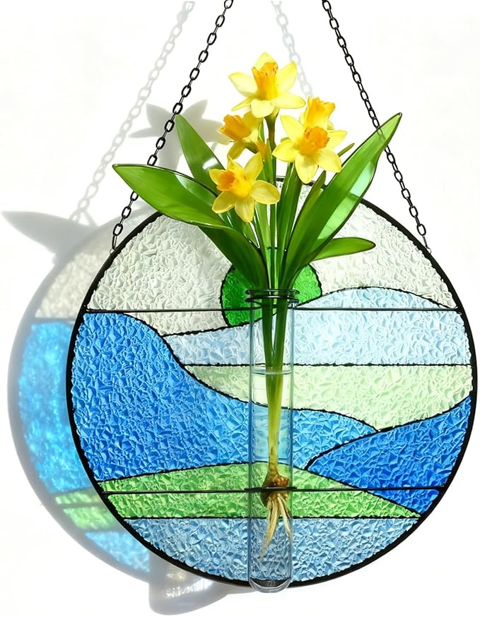 Stained Glass Propagation Stations - Sunshine Catcher Window Hanging Plant Holder, Terrariums Wall Decor for Women Mom Plant Lovers Christmas Gardening Gifts, Green