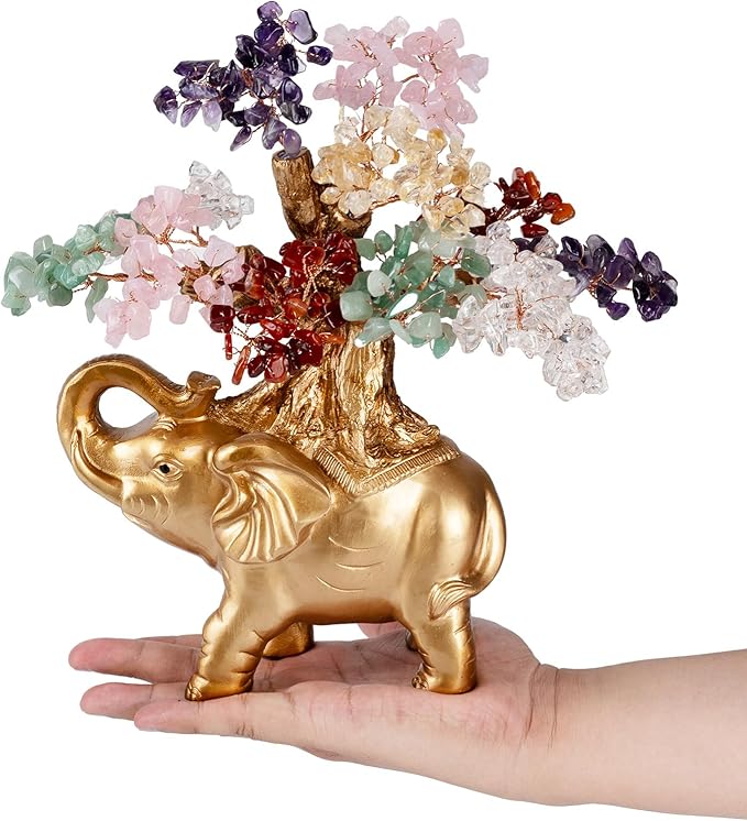 7 Chakra Crystal Money Tree on Gold Mini Elephant Statue, 10”Gemstone Bonsai Tree of Life Home Décor Gifts for Wealth Positive Energy, Feng Shui Décor