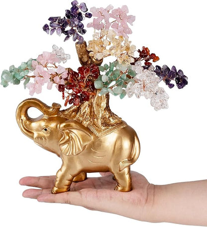 7 Chakra Crystal Money Tree on Gold Mini Elephant Statue, 10”Gemstone Bonsai Tree of Life Home Décor Gifts for Wealth Positive Energy, Feng Shui Décor