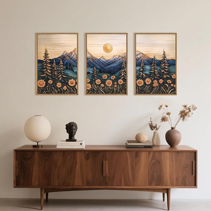Aryroi Vintage Woodcut Style Mountain Framed Canvas Wall Art Set, Natural Forest Pine Tree Sunflower Wall Decor,Abstract Sunrise Botanical Landscape Artwork for Living Room,Bedroom,Office- 16"x24"x3