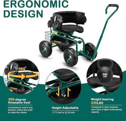 Outvita Rolling Garden Seat with Wheels, Gardening Stool with Height Adjustable 360 Degree Swivel Seat, Ergonomic Backrest, Tool Tray & Storage Basket, Outdoor Gardening Scooter Cart for Patio, Green