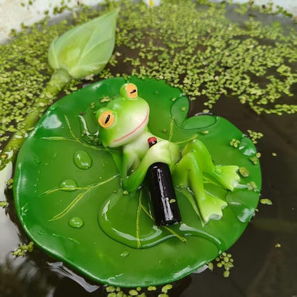 Cute Frog Lotus Leaf Resin Statue Paired with Beer Bottle - Bright Green Outdoor Garden Decoration. Frog Garden Decoration.