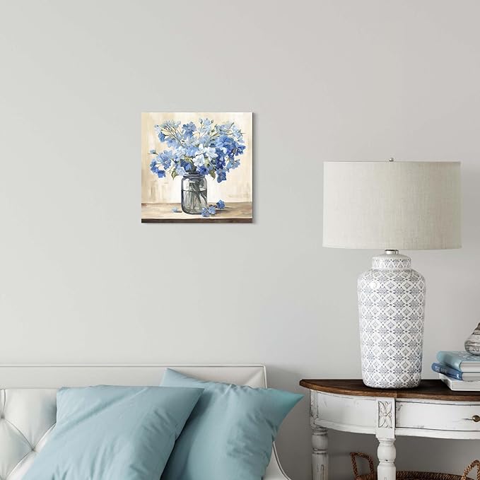 ArtSquare Blue Floral Canvas Wall Art - Tranquil Vase Flowers Painting Nature Scenery Artwork Blossom Prints for Bedroom Bathroom Decor 12x12 Inch