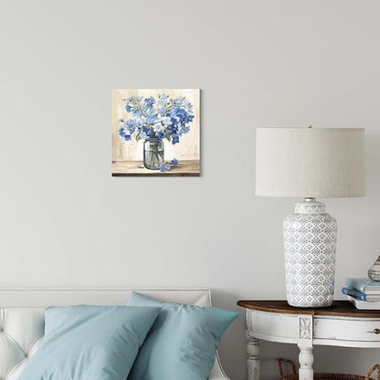 ArtSquare Blue Floral Canvas Wall Art - Tranquil Vase Flowers Painting Nature Scenery Artwork Blossom Prints for Bedroom Bathroom Decor 12x12 Inch